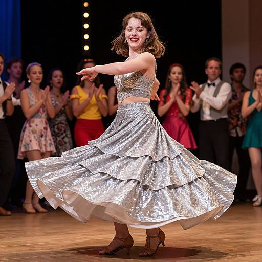 Photograph of a smiling young woman with brown hair, wearing a silver sequin crop top and skirt, dancing on stage, with an applauding audience