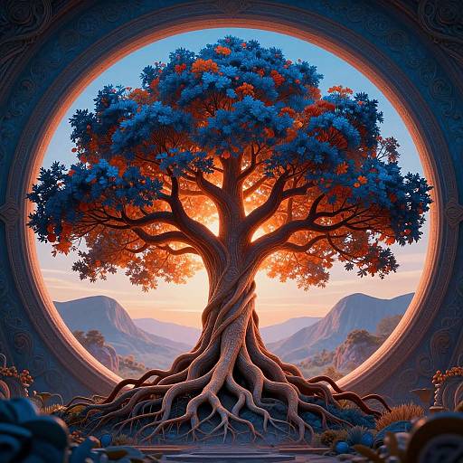 Digital art of a vibrant, twisted tree with blue and orange leaves, centered in a circular frame, set against a mountainous sunset background.