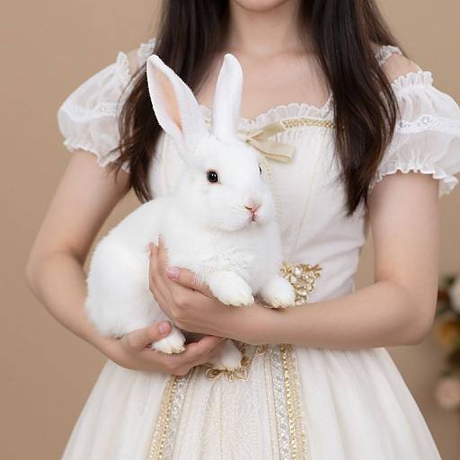 Photograph of an Asian woman in a white, lace-trimmed dress holding a fluffy white rabbit with a gold bow on her chest.