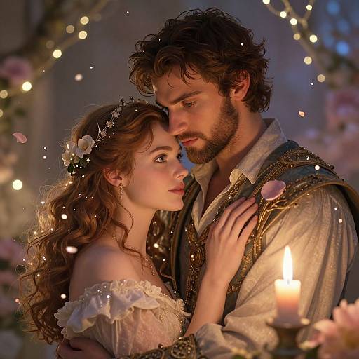 Romantic fairy-tale couple in soft, warm lighting, adorned with flowers and fairy dust, gazing deeply, man in medieval attire, woman in