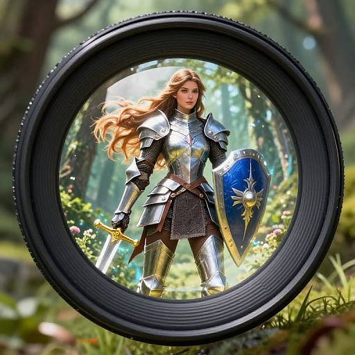 Digital artwork of a fierce, blonde, armored woman with a sword and blue shield, reflected in a black circular lens, amidst a sunlit forest.