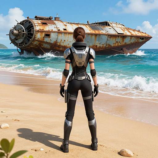 Digital art: Female soldier with black and gray armor stands on sunny beach, facing rusted, submarine-like ship partially submerged in turquoise waves.