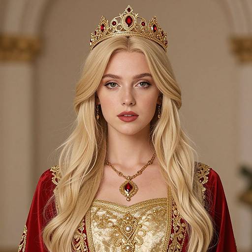Regal Blonde Woman in Embroidered Dress