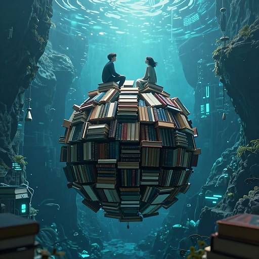 Digital artwork: Underwater canyon with blue light, two people sitting on a giant sphere of floating books, surrounded by rocky cliffs.