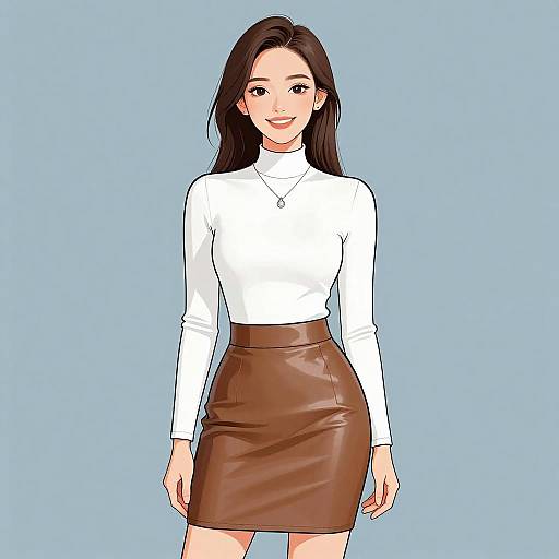 Digital anime-style drawing of a smiling Asian woman with long black hair, wearing a white turtleneck and brown leather skirt, against a light blue background