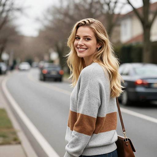 Smiling Blonde Woman on Curved Road