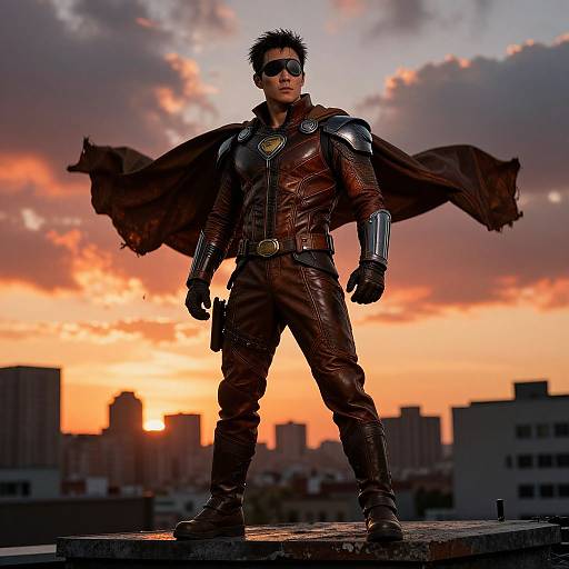 Photograph of a muscular, dark-haired man in a red leather superhero suit with metallic armor, cape flowing, standing on rooftop at sunset, city skyline