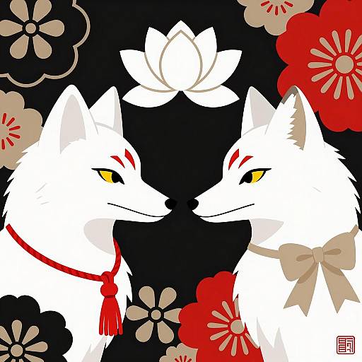Elegant White Foxes with Floral Motifs