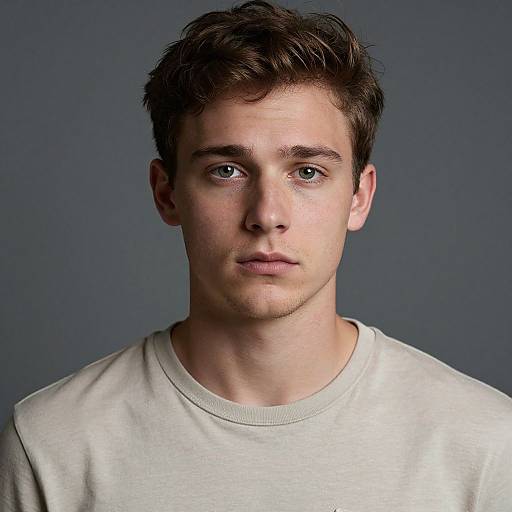 Photograph of a young white man with short brown hair, blue eyes, fair skin, wearing a light gray t-shirt, against a plain dark blue