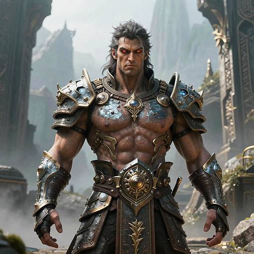 CGI fantasy image of a muscular, gray-haired warrior with red eyes, wearing ornate, metallic armor, standing in a misty, ancient temple