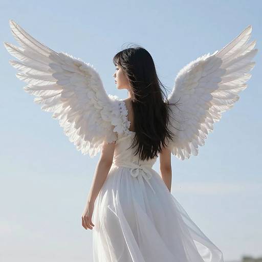 Photograph of a woman with long black hair, white angel wings, and a flowing white dress, standing against a bright blue sky.