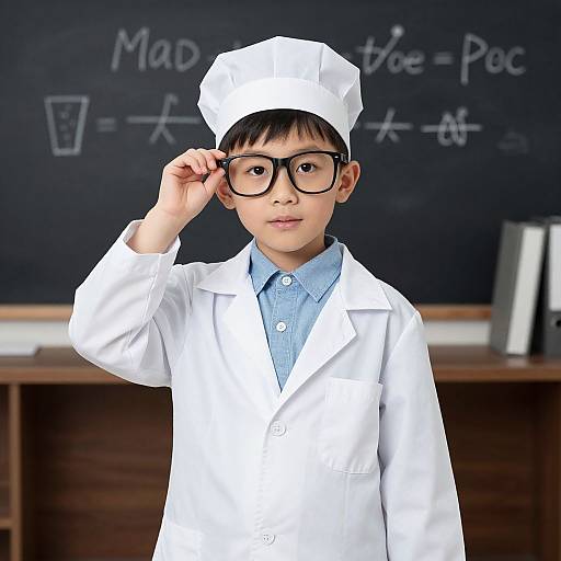 Young Asian boy in white chef's hat and lab coat adjusting black-rimmed glasses in front of a chalkboard with equations.