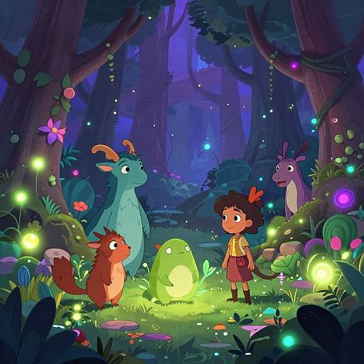 Whimsical forest scene: colorful, glowing fireflies surround a curious girl with curly hair, a blue creature, red fox, and green blob,