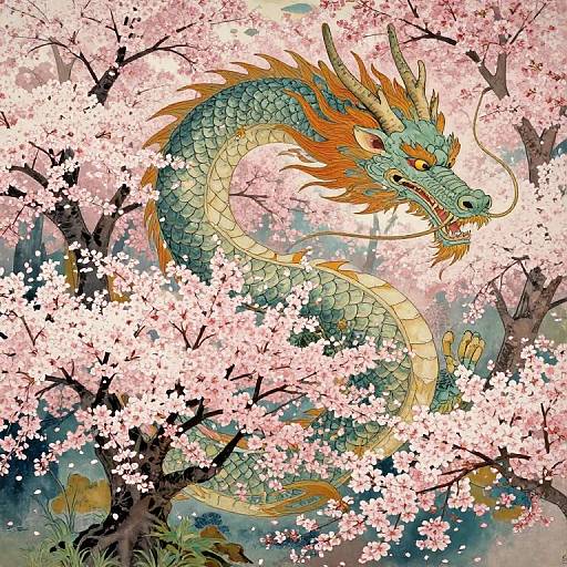 Digital illustration of a green, orange-feathered dragon serpent coiling through pink cherry blossom trees, with detailed scales and a fierce expression.