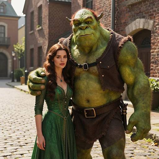 Photorealistic CGI: Green-skinned, muscular orc with dark brown vest and shorts, arm around dark-haired woman in green, low-cut dress,