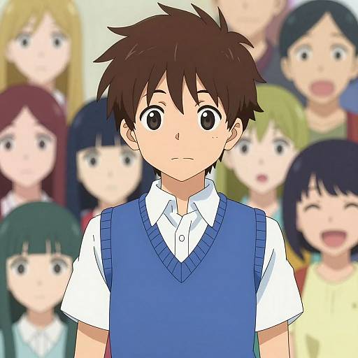 Digital anime-style drawing of a brown-haired boy in a blue vest, with a worried expression, surrounded by smiling, blurred classmates.