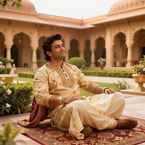 Photograph of a handsome Indian man in traditional golden embroidered kurta and shalwar, seated on a red patterned rug in a sunlit,