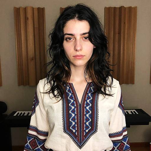 Photograph of a young woman with long, wavy black hair, wearing a white embroidered blouse with blue and red patterns, standing in front of wooden