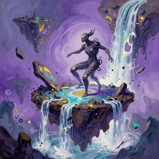 Digital fantasy artwork: Alien figure with glowing eyes and swirling patterns stands on floating rock with waterfall, surrounded by purple skies and floating structures. Vibrant,