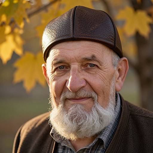 Photograph of an elderly white man with a gray beard, wearing a dark brown leather cap and coat, smiling warmly under autumn leaves.