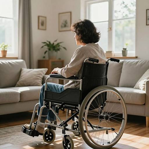 Photograph of a woman with curly brown hair in a white shirt and blue jeans, sitting in a wheelchair in a sunlit living room with beige couch