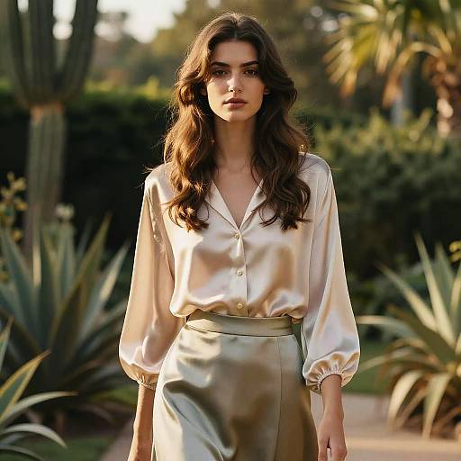 Photograph of a beautiful woman with long wavy brown hair, wearing a silky white blouse and high-waisted beige skirt, standing in a sun
