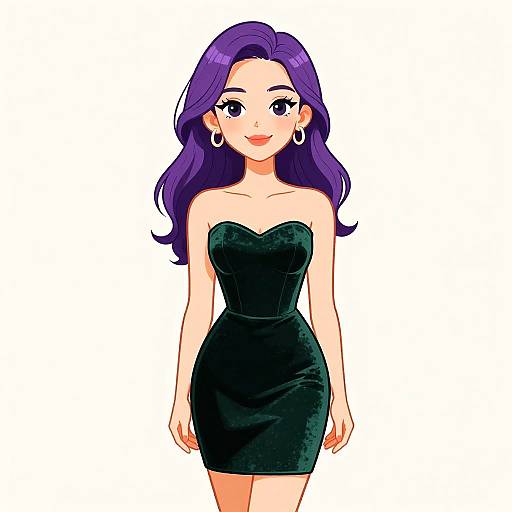 Digital anime-style drawing of a smiling woman with long purple hair, wearing a strapless black velvet dress and large hoop earrings.