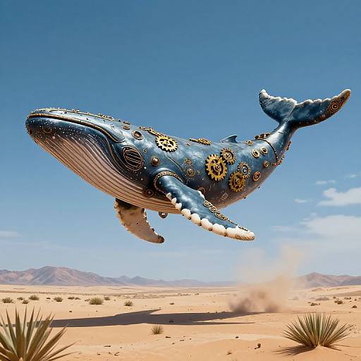 Photorealistic CGI of a blue, gear-adorned, flying whale with white teeth and a spiral tail, soaring over a desert landscape.