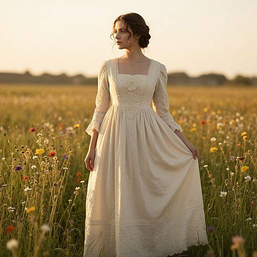 Photograph of a woman with fair skin and dark hair in a white lace wedding dress, standing in a sunlit field of wildflowers at sunset.
