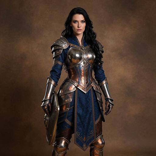 Photograph of a dark-haired woman in detailed, reflective bronze medieval armor, standing confidently against a textured brown background.