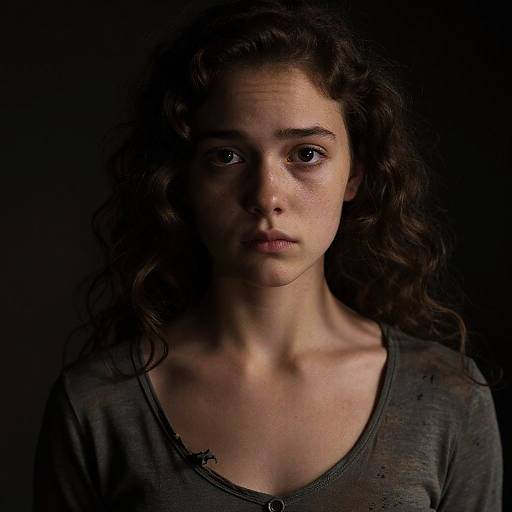 Photograph of a young woman with curly dark brown hair, wearing a worn gray V-neck shirt, against a dark background. Her expression is solemn,