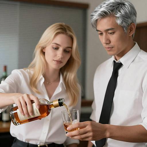 Blonde Woman and Silver-Haired Man Pouring Drink