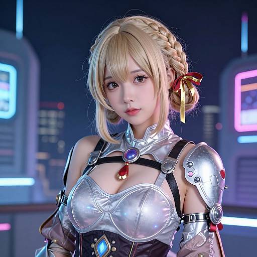 CGI anime-style woman with blonde braided hair, wearing futuristic silver armor with red and blue gemstones, set against a neon-lit cityscape