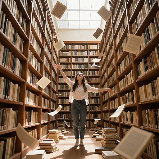 Photograph of a joyful woman with long black hair, white blouse, and blue jeans, dancing in a sunlit library aisle with flying books and scattered