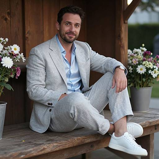 Photograph of a handsome, bearded man in a light gray suit, white shirt, and white sneakers, sitting on a wooden bench with potted