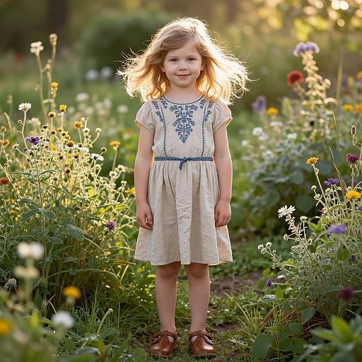 Photograph of a young blonde girl with light skin, wearing a cream dress with blue embroidery, standing in a sunlit, colorful garden.