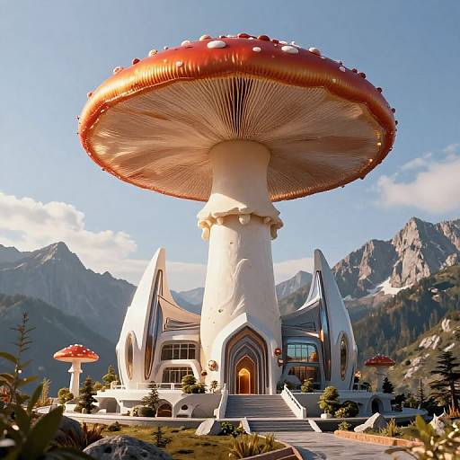 Futuristic, white, mushroom-shaped house with red-spotted caps, set against mountainous landscape, featuring two large mushrooms and clear blue sky.