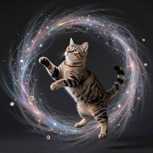 Photograph of a playful, striped tabby kitten mid-leap, surrounded by a swirling, colorful, cosmic glow with sparkling lights.