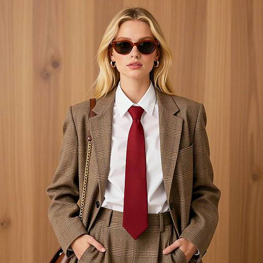 Confident Blonde in Brown Plaid Suit