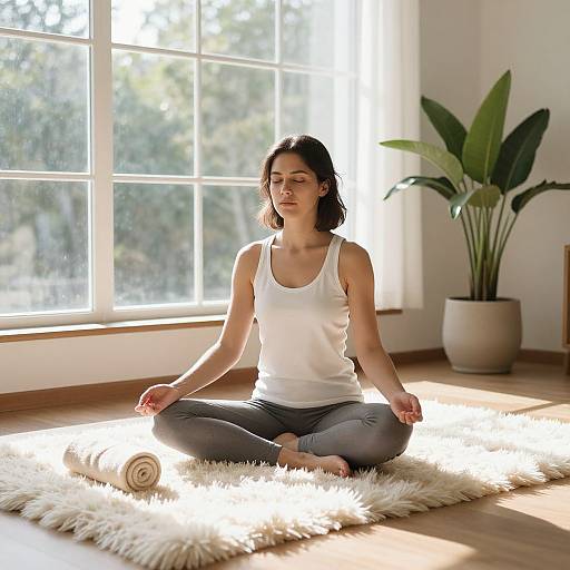 Photograph of a serene, fair-skinned woman with dark hair in a white tank top and gray pants, meditating cross-legged on a white rug