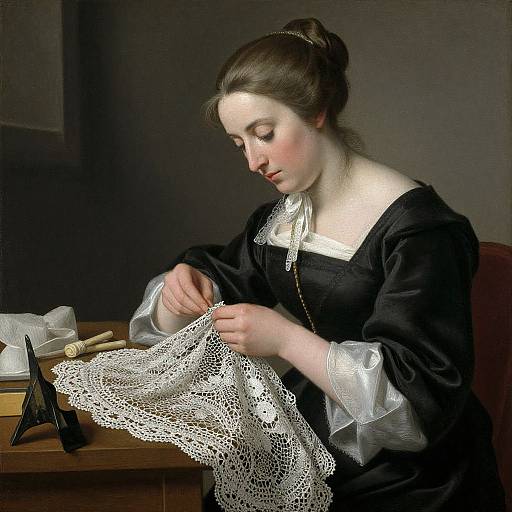 Photograph-style painting of a pale-skinned woman with brown hair in a bun, wearing a black dress with white lace cuffs, carefully sewing intricate white
