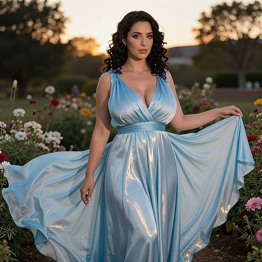 Graceful Woman in Silk Dress at Sunset