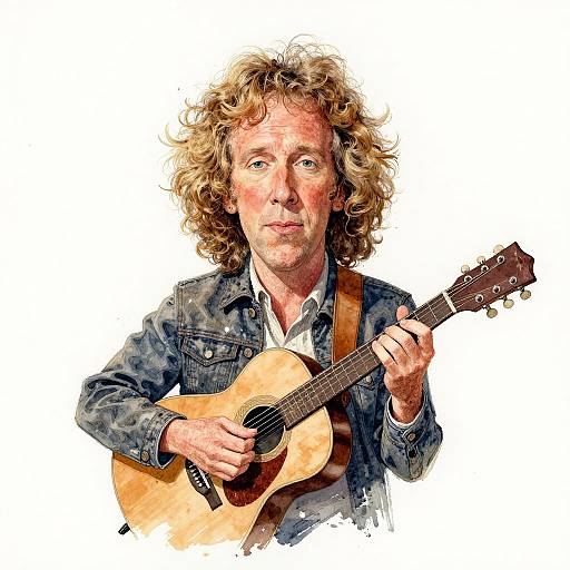 Digital painting of a middle-aged man with curly blonde hair, wearing a denim jacket, playing an acoustic guitar against a white background.