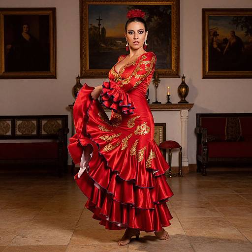 Photograph of a dark-haired woman in a vibrant red flamenco dress with gold embroidery, holding a ruffled skirt, standing in a dimly lit