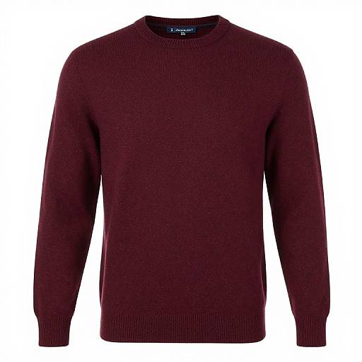 Photograph of a maroon, long-sleeved, rib-knit sweater with a crew neck and textured fabric, displayed against a plain white background