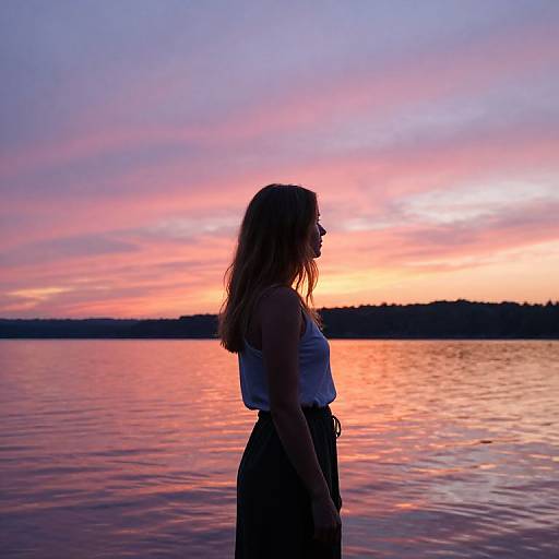 Silhouetted woman in white tank top and high-waisted black pants stands by serene lake at vibrant sunset, sky painted in pink, purple