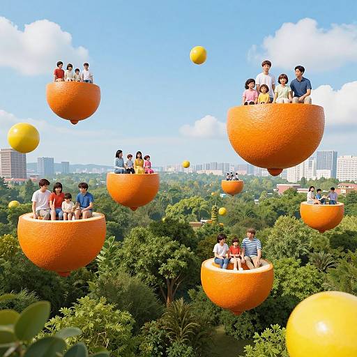 Photograph of children sitting in large, orange, floating citrus bowls above a green forest, with yellow citrus fruits and city skyline in background. Bright,