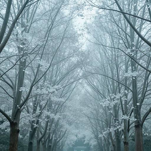 Photograph of a serene, foggy forest pathway lined with tall, leafless trees adorned with delicate, snow-like white blossoms, creating a sym