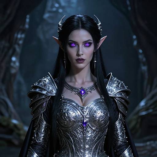 Digital artwork of a dark-haired, purple-eyed elf woman with pointed ears, wearing intricate silver armor with blue gemstones, standing in a dim, forest