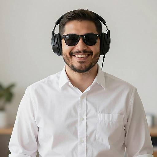 Smiling Man Wearing Headphones and Sunglasses